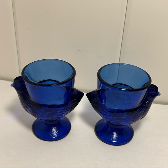 Arcoroc France Vintage Cobalt  Blue Glass Chicken Egg Cup Holders Hen On Nest 2 - Picture 6 of 16